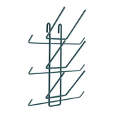 A metal wall-mounted rack with a vertical frame and six angled hooks on each side forms two zigzag tiers for storage. The dark green Metroseal 3 finish offers antimicrobial protection. Two upward hooks at the top allow easy hanging. Background is white.