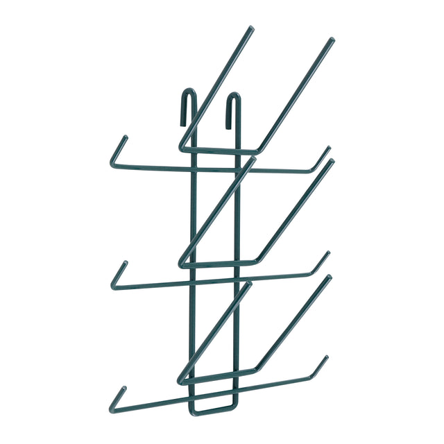 A metal wall-mounted rack with a vertical frame and six angled hooks on each side forms two zigzag tiers for storage. The dark green Metroseal 3 finish offers antimicrobial protection. Two upward hooks at the top allow easy hanging. Background is white.
