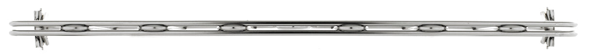 A close-up view of a corrosion-resistant metallic orthopedic bone plate with several screw holes and slots. The image shows the plate from a top angle, clearly displaying its symmetrical structure, smooth finish, and alignment of attachment points.