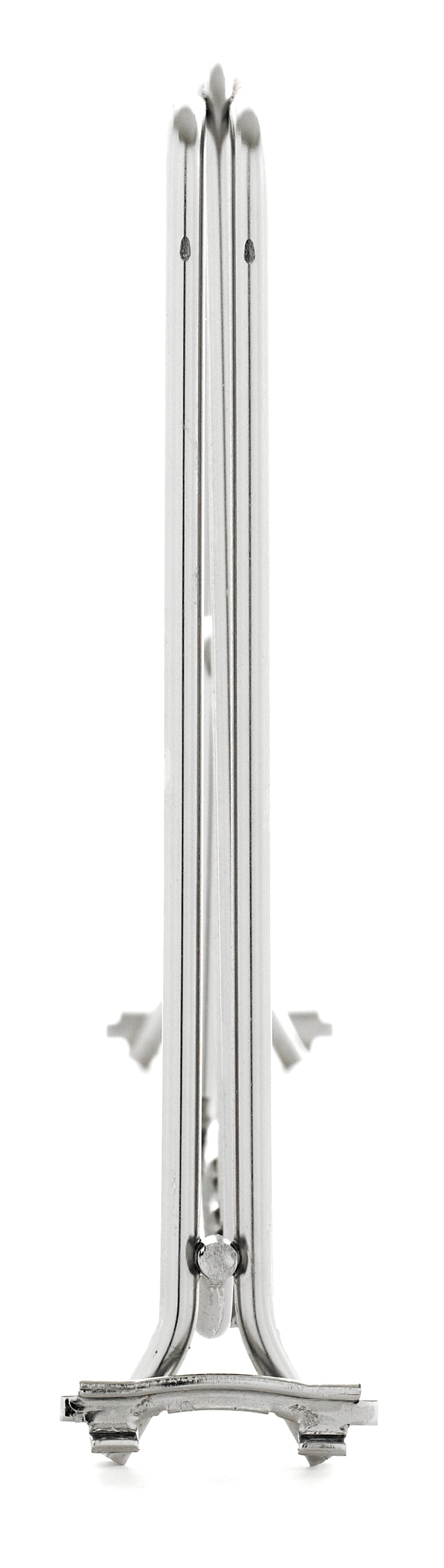 A close-up, front view of a corrosion-resistant metal coin stand with two upright supports, each ending in a small curved hook, on a white background. The stand’s reflective surface and durable finish create a symmetrical, minimalist appearance.