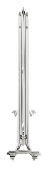 A close-up, front view of a corrosion-resistant metal coin stand with two upright supports, each ending in a small curved hook, on a white background. The stand’s reflective surface and durable finish create a symmetrical, minimalist appearance.