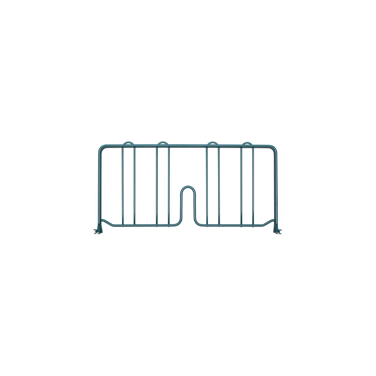 A corrosion-resistant metal wire bookend with a rectangular frame, vertical bars, and a central U-shaped notch at the bottom. The dark green finish and angled feet offer stability. Perfect for pairing with your Super Erecta Shelf Divider. Plain white background.
