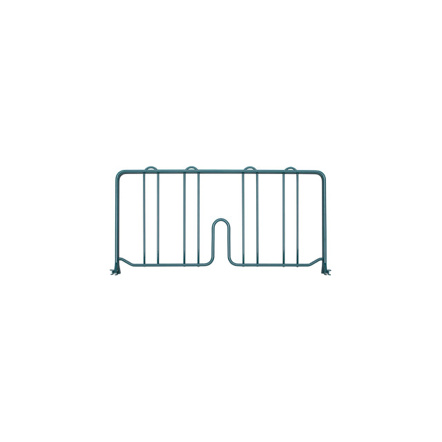 A corrosion-resistant metal wire bookend with a rectangular frame, vertical bars, and a central U-shaped notch at the bottom. The dark green finish and angled feet offer stability. Perfect for pairing with your Super Erecta Shelf Divider. Plain white background.