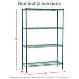 Super Erecta Shelving unit with four Metroseal 3 wire shelves. Red arrows show a height of 74 inches, width of 48 inches, and depth of 18 inches. Nominal Dimensions heading and note of actual dimensions are included. Shelves are evenly spaced.