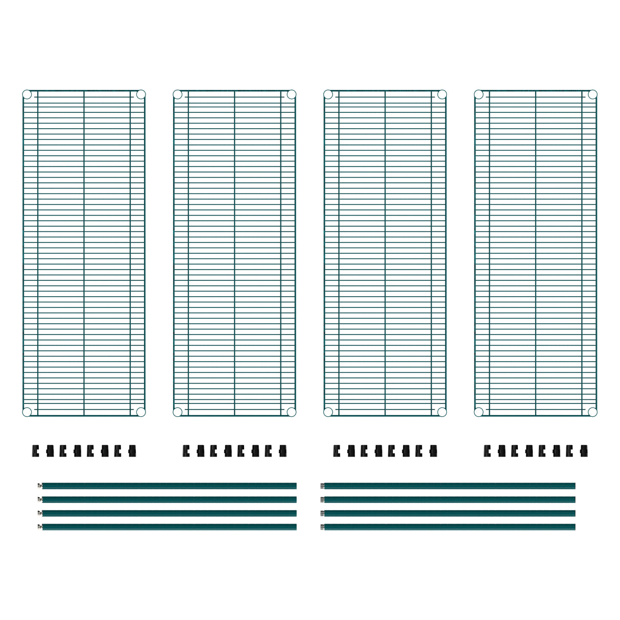 Four Metroseal 3 Super Erecta wire shelves are arranged vertically with evenly spaced horizontal and vertical wires. Below them are four sets of long metal rods and small black plastic connectors, neatly laid out on a white background.