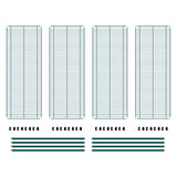 Four Metroseal 3 Super Erecta wire shelves are arranged vertically with evenly spaced horizontal and vertical wires. Below them are four sets of long metal rods and small black plastic connectors, neatly laid out on a white background.