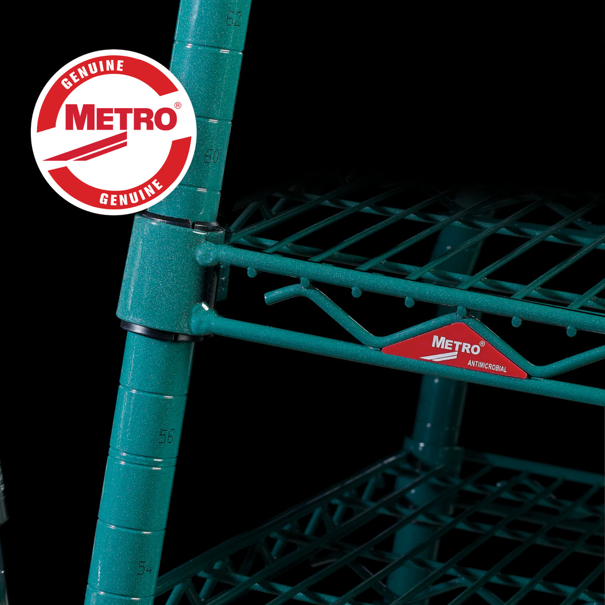 Green Super Erecta Shelving unit with “Metro” logo on a red and white sticker. Another red “Metro” label with “Antimicrobial” text appears on the front, highlighting Metroseal 3 protection. Circular Metro logo shown in the top left corner on black.