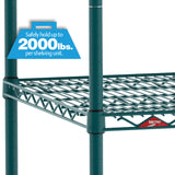 A green Metroseal 3 metal shelving unit with wire shelves is shown. A blue label reads “Safely hold up to 2000 lbs. per shelving unit.” The Metro logo is visible on the shelf’s side. The background is white and uncluttered.