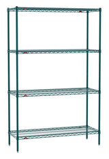 A tall, green Super Erecta Shelving unit with four wire shelves and four vertical support poles. Each shelf is evenly spaced, with small red clips at the joints. The Metroseal 3 finish makes this freestanding shelving unit durable and attractive.