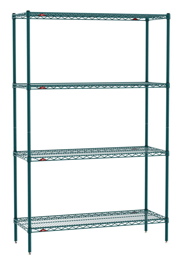 A tall, green Super Erecta Shelving unit with four wire shelves and four vertical support poles. Each shelf is evenly spaced, with small red clips at the joints. The Metroseal 3 finish makes this freestanding shelving unit durable and attractive.