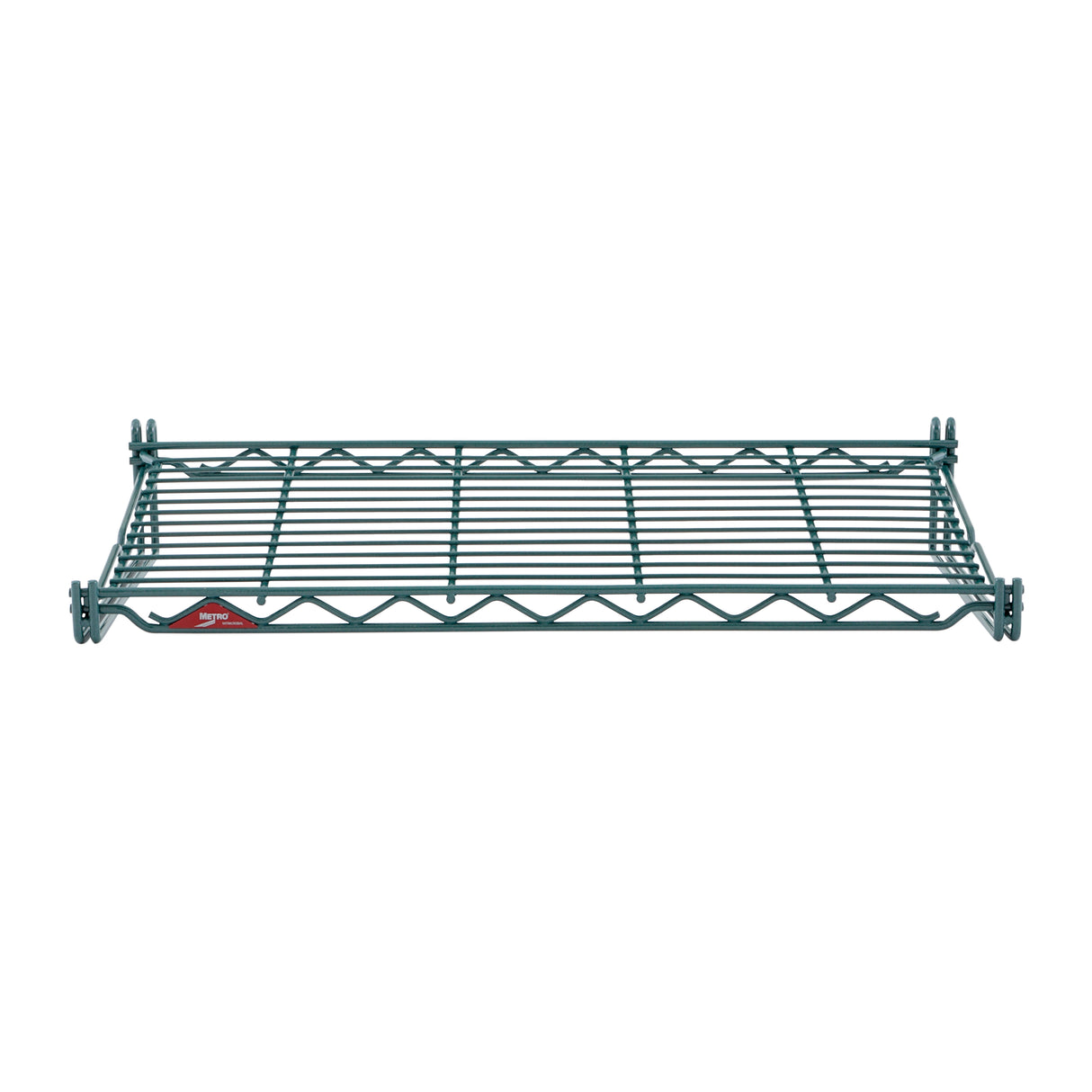 A single green Metroseal 3 metal wire shelf with a rectangular shape, grid pattern, and slightly raised edges. Four connectors are attached at each corner, and a small red label is visible on the front left corner. The background is plain white.