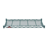 A single green Metroseal 3 metal wire shelf with a rectangular shape, grid pattern, and slightly raised edges. Four connectors are attached at each corner, and a small red label is visible on the front left corner. The background is plain white.
