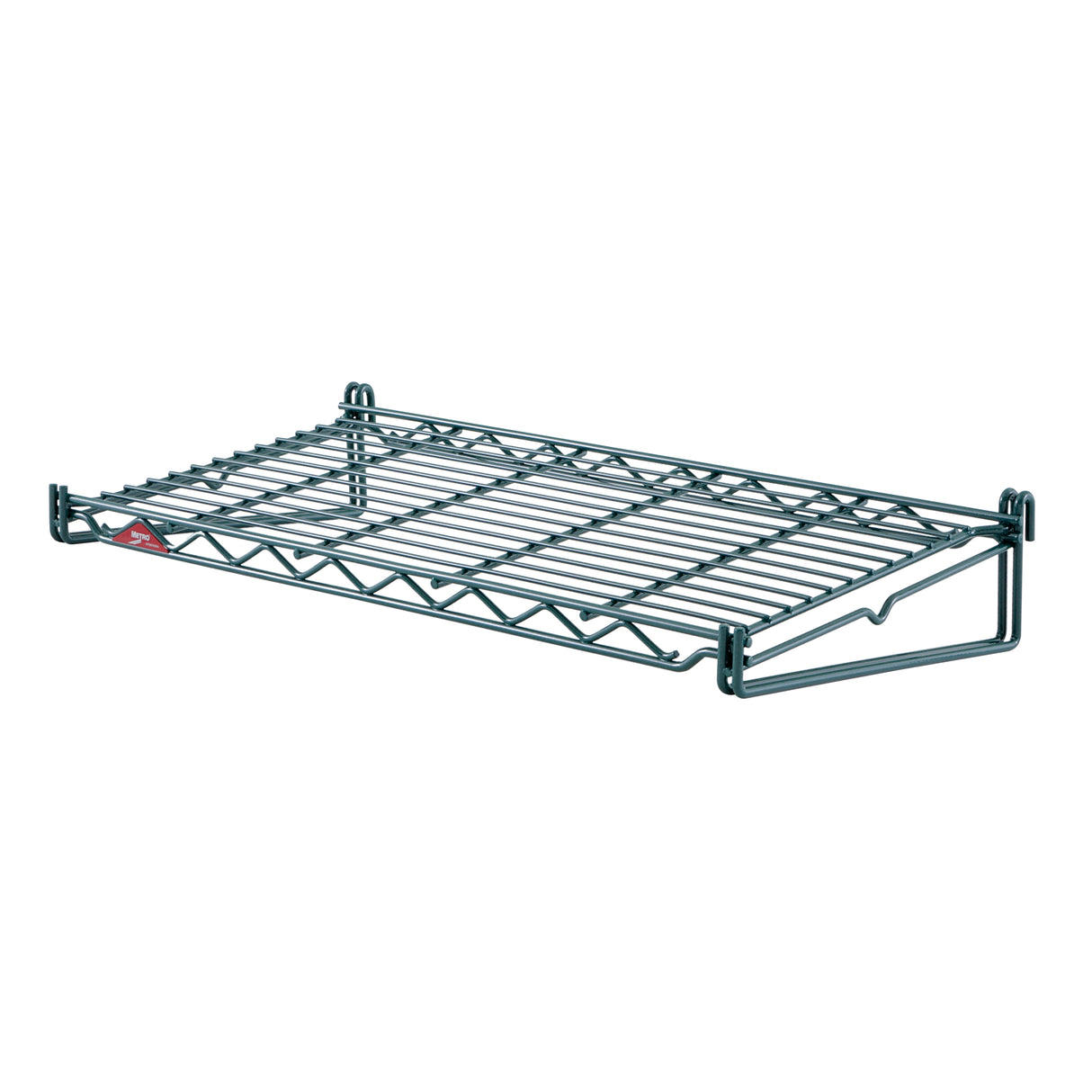 A single Metroseal 3 metal wire wall shelf with a rectangular, grid-like surface and open sides, shown on a white background. The SmartWall Flat Grid Shelf features hooks for wall mounting and offers antimicrobial protection with a raised front edge.