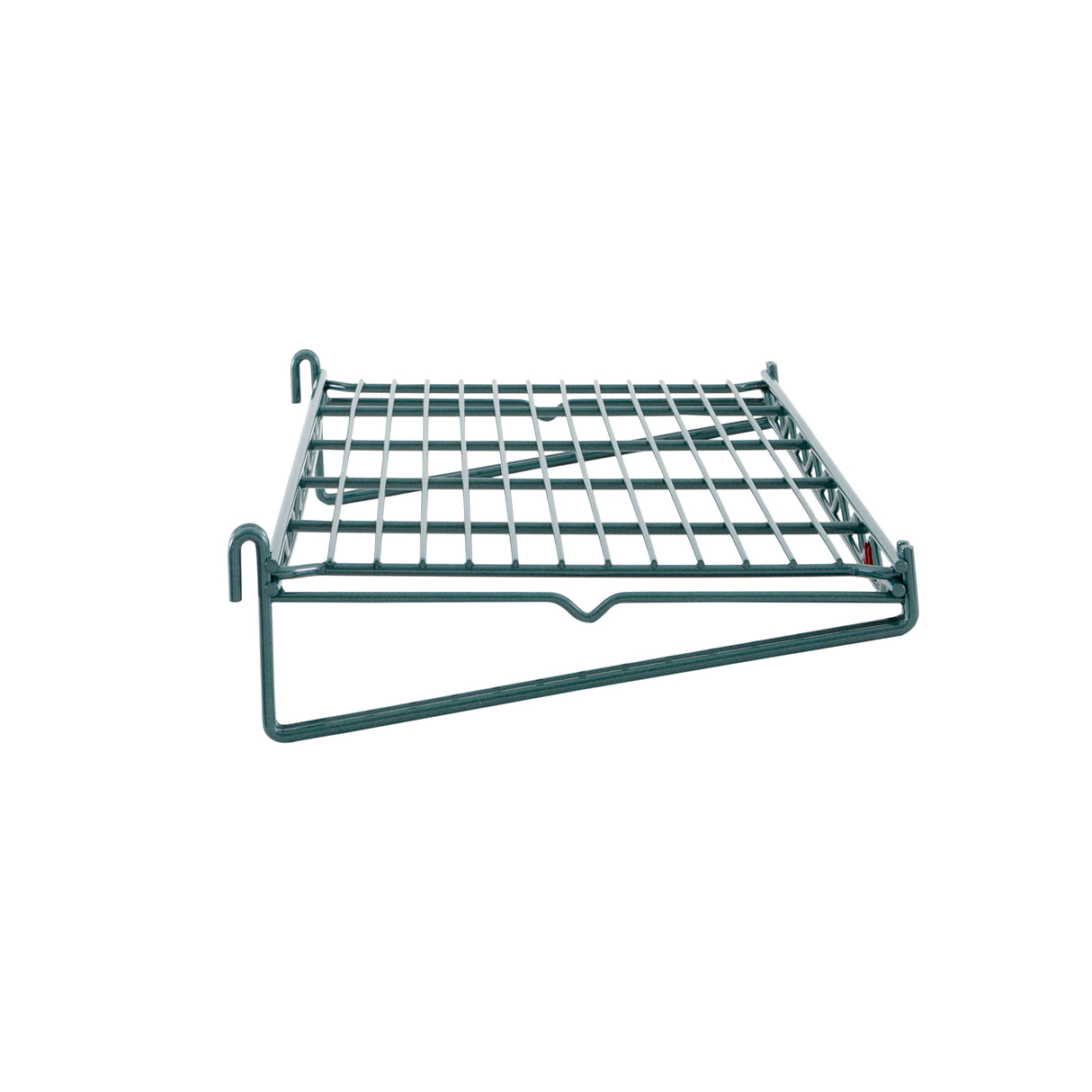 The SmartWall Flat Grid Shelf is a sturdy metal wire shelf with antimicrobial protection, featuring a grid pattern and hooks on both ends for mounting. Slightly angled and isolated on a white background, it's perfect for storage or organization.
