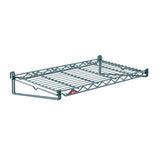 A metal SmartWall Flat Grid Shelf with a rectangular shape, two side support bars, and a truss-like front edge. Featuring a greenish Metroseal 3 finish with antimicrobial protection, it’s ideal for wall mounting or use with a shelving system.