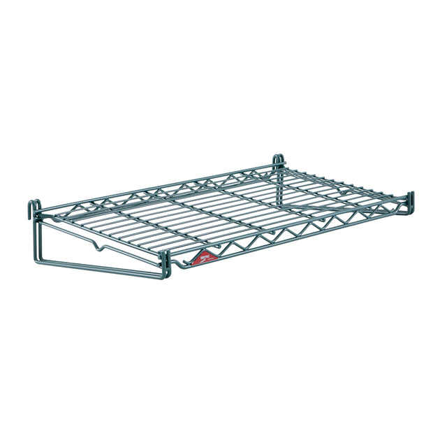 A metal SmartWall Flat Grid Shelf with a rectangular shape, two side support bars, and a truss-like front edge. Featuring a greenish Metroseal 3 finish with antimicrobial protection, it’s ideal for wall mounting or use with a shelving system.