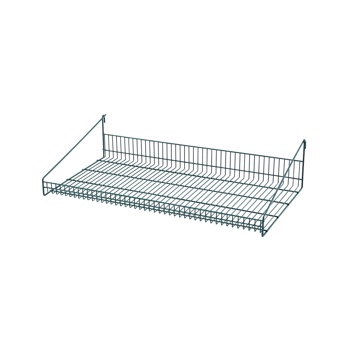 A black SmartWall Grid Shelf with a rectangular platform, raised back and side edges, and two wall-mounting hooks at each rear corner. This open, minimalist epoxy-coated shelf offers antimicrobial protection for storage or display.