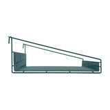 Minimalist, geometric SmartWall Grid Shelf featuring a sloped, rectangular design and open sides. Made of dark green, epoxy-coated metal rods, it has a flat shelf base and angled top bars for an asymmetrical profile.