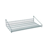 A metal SmartWall Grid Shelf with a rectangular shape, raised edges on three sides, and two angled support arms for wall mounting. The open, airy epoxy-coated shelf allows ventilation, easy visibility, and offers antimicrobial protection for stored items.