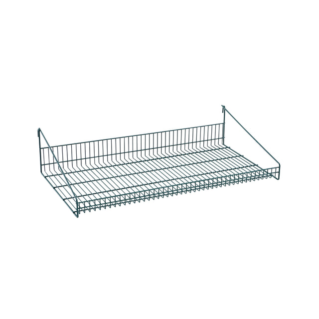 A metal SmartWall Grid Shelf with a rectangular shape, raised edges on three sides, and two angled support arms for wall mounting. The open, airy epoxy-coated shelf allows ventilation, easy visibility, and offers antimicrobial protection for stored items.