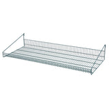 The SmartWall Grid Shelf is a rectangular, epoxy-coated corrosion-resistant metal wire shelf with raised side and back edges. Designed to be wall-mounted, its grid-like surface supports items while allowing airflow.
