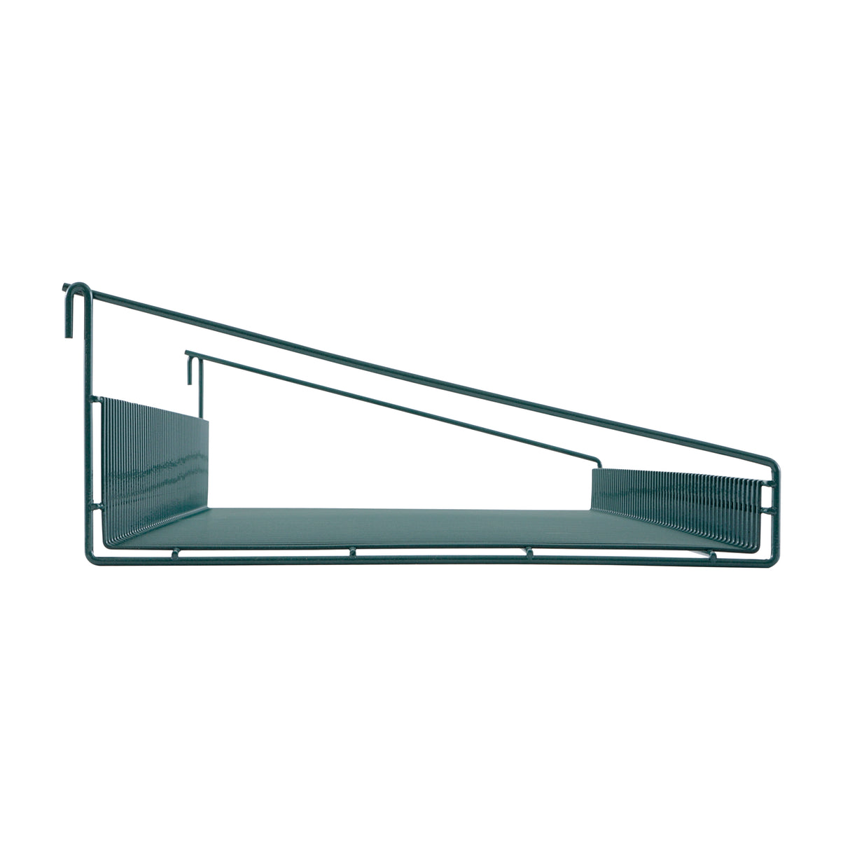 A minimalist SmartWall Grid Shelf viewed from the side, featuring an angled top rail and horizontal base. The epoxy-coated corrosion-resistant frame has a sleek teal finish and mounts easily via two hooks at the upper left corner.