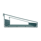 A minimalist SmartWall Grid Shelf viewed from the side, featuring an angled top rail and horizontal base. The epoxy-coated corrosion-resistant frame has a sleek teal finish and mounts easily via two hooks at the upper left corner.