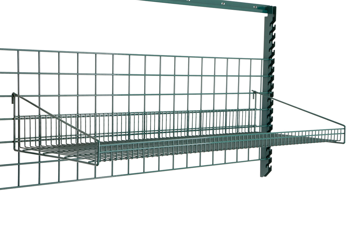 The SmartWall Grid Shelf is a rectangular, epoxy-coated corrosion-resistant metal wire shelf with raised sides, designed for wall mounting—ideal for organizing or storing items in your garage, workshop, or storage area.