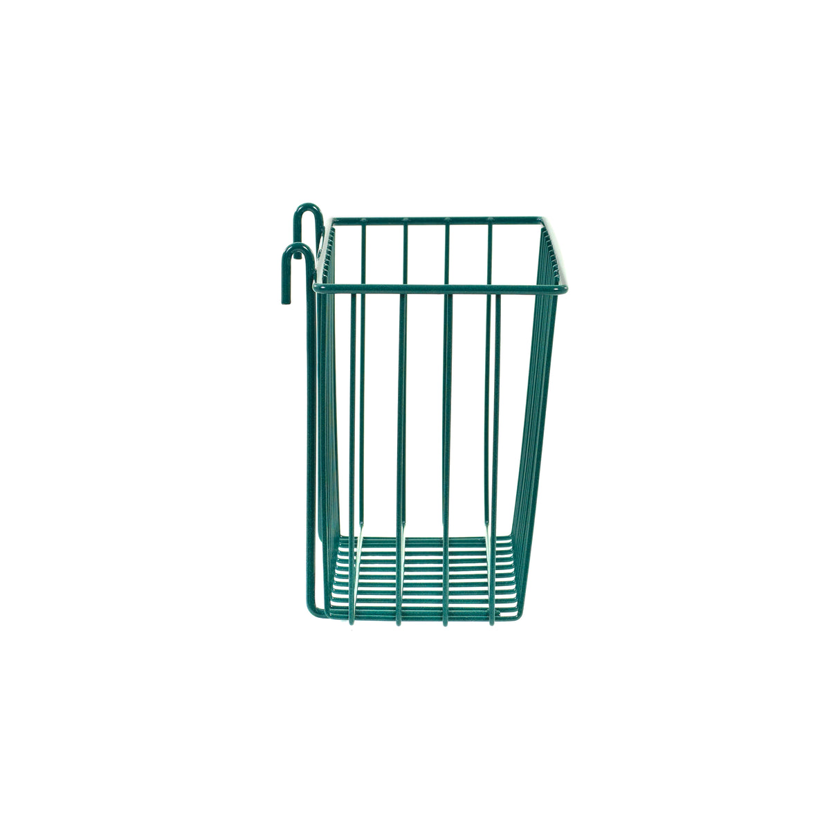 An epoxy-coated, green, rectangular SmartWall Storage Basket stands upright. It features vertical bars, an open-grid base, and two hooks for hanging. The plain white background highlights the basket's clean, antimicrobial design.
