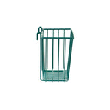 An epoxy-coated, green, rectangular SmartWall Storage Basket stands upright. It features vertical bars, an open-grid base, and two hooks for hanging. The plain white background highlights the basket's clean, antimicrobial design.
