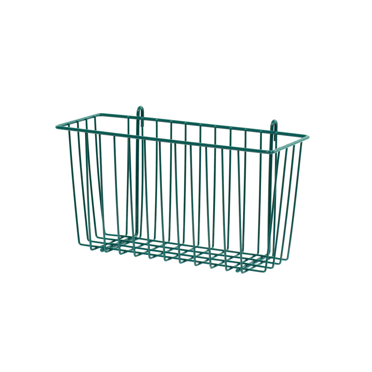 A rectangular, green SmartWall Storage Basket with vertical, epoxy-coated bars and two small hooks at the back for wall mounting. The open-top design and minimalist style make it perfect for any space. The background is plain white.