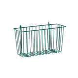 An epoxy-coated SmartWall Storage Basket in rectangular green features vertical bars and two hooks for hanging, offering an antimicrobial surface, displayed against a plain white background.