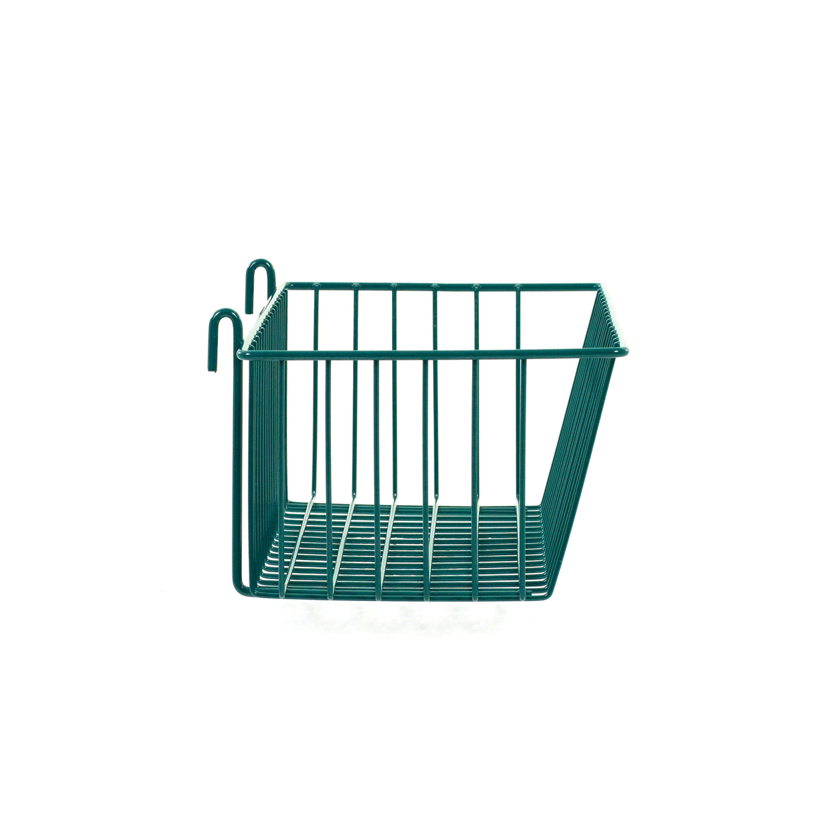 An epoxy-coated green metal SmartWall Storage Basket with vertical bars and two hooks for hanging, shown empty against a plain white background. The basket is angled to display both its front and side, offering added antimicrobial protection.