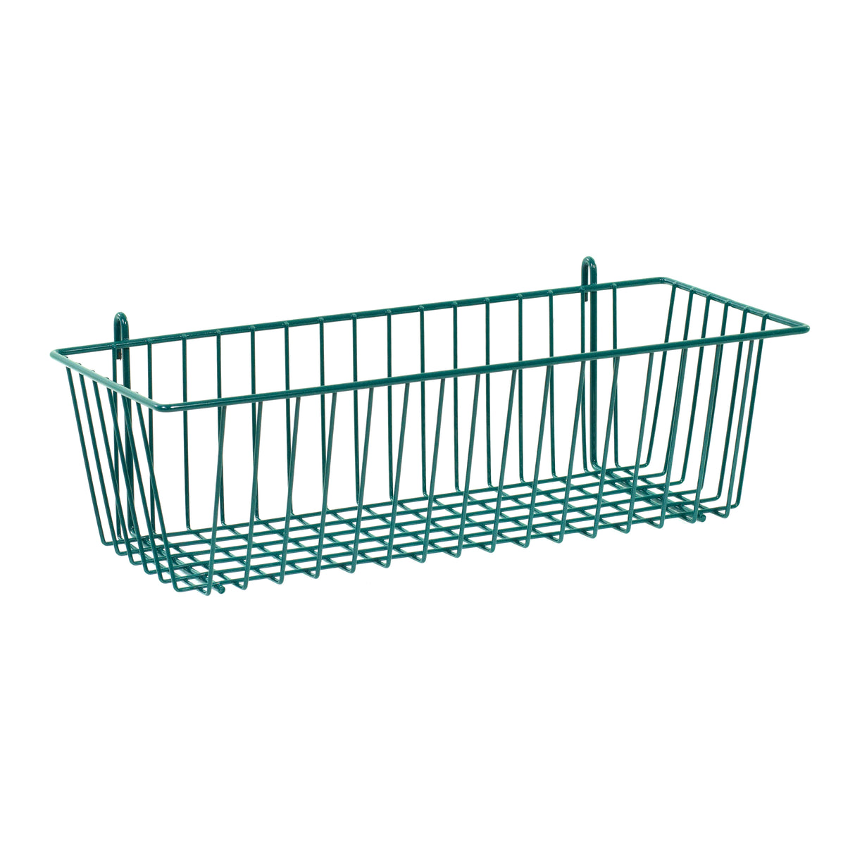 A rectangular green SmartWall Storage Basket with an open grid design and two mounting loops at the back for wall hanging, displayed against a plain white background. Features Metroseal 3 antimicrobial protection for added safety.