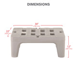 A rectangular beige plastic step stool with a slotted top, made from corrosion proof polymer. Red dimension lines indicate length 30 (706 mm), height 12 (305 mm), and depth 22 (559 mm). DIMENSIONS is labeled in bold text above the stool.