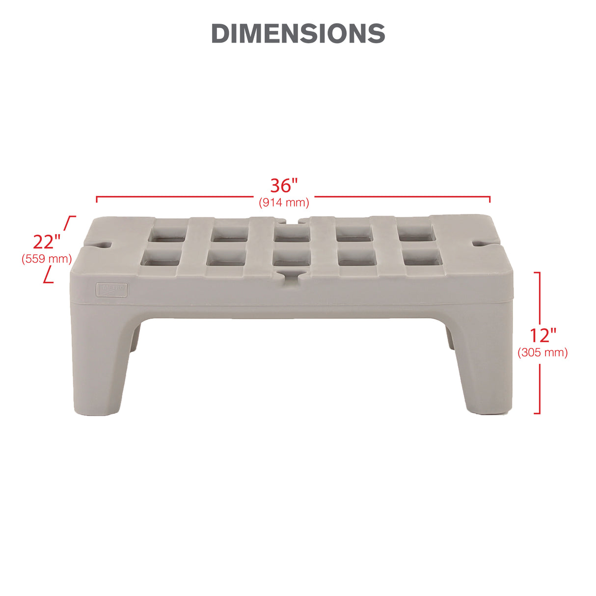 A beige rectangular dunnage rack bench with a slotted top, made from corrosion proof polymer. Dimensions are labeled: 36 inches (914 mm) wide, 22 inches (559 mm) deep, and 12 inches (305 mm) tall. NSF listed. DIMENSIONS is centered above in bold gray text.