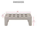 A beige rectangular dunnage rack bench with a slotted top, made from corrosion proof polymer. Dimensions are labeled: 36 inches (914 mm) wide, 22 inches (559 mm) deep, and 12 inches (305 mm) tall. NSF listed. DIMENSIONS is centered above in bold gray text.