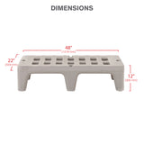 A beige plastic dunnage rack stands on four legs. Red measurement lines indicate its dimensions: 48 inches (1219 mm) long, 22 inches (559 mm) wide, and 12 inches (305 mm) high. The corrosion proof rack sits on a white background with “DIMENSIONS” in bold above.