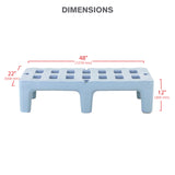 A blue rectangular dunnage rack with an open grid design is shown. Red arrows indicate its dimensions: 48 inches (1219 mm) long, 22 inches (559 mm) deep, and 12 inches (305 mm) high. Rust proof and antimicrobial features are highlighted above.