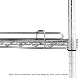 Close-up of a Super Erecta Shelf with a stainless finish, showing part of the shelf supported by two vertical poles and a small raised shelf ledge at the back. Text below notes that actual dimensions and finish may vary from the product shown.
