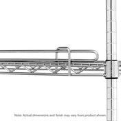 Close-up of a Super Erecta Shelf with a stainless finish, showing part of the shelf supported by two vertical poles and a small raised shelf ledge at the back. Text below notes that actual dimensions and finish may vary from the product shown.