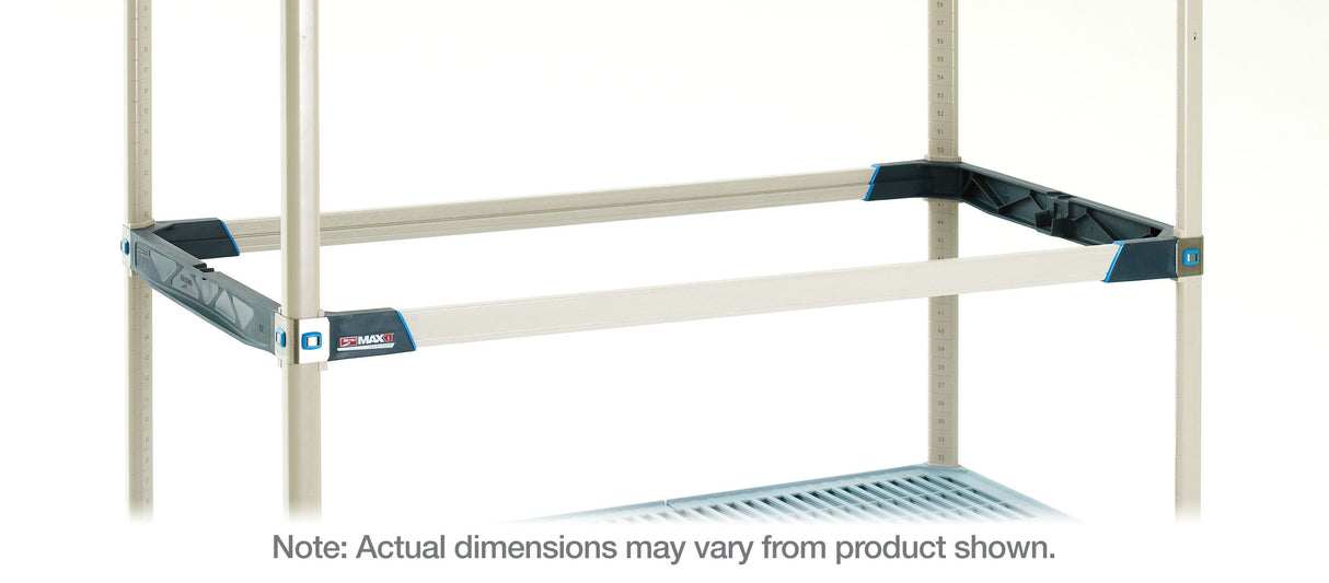 A beige MetroMax i Storage Level Frame shelving unit with four vertical posts and horizontal supports. The middle shelf is missing, showing only the frame. Quick Ship available. Note: Actual dimensions may vary from product shown.