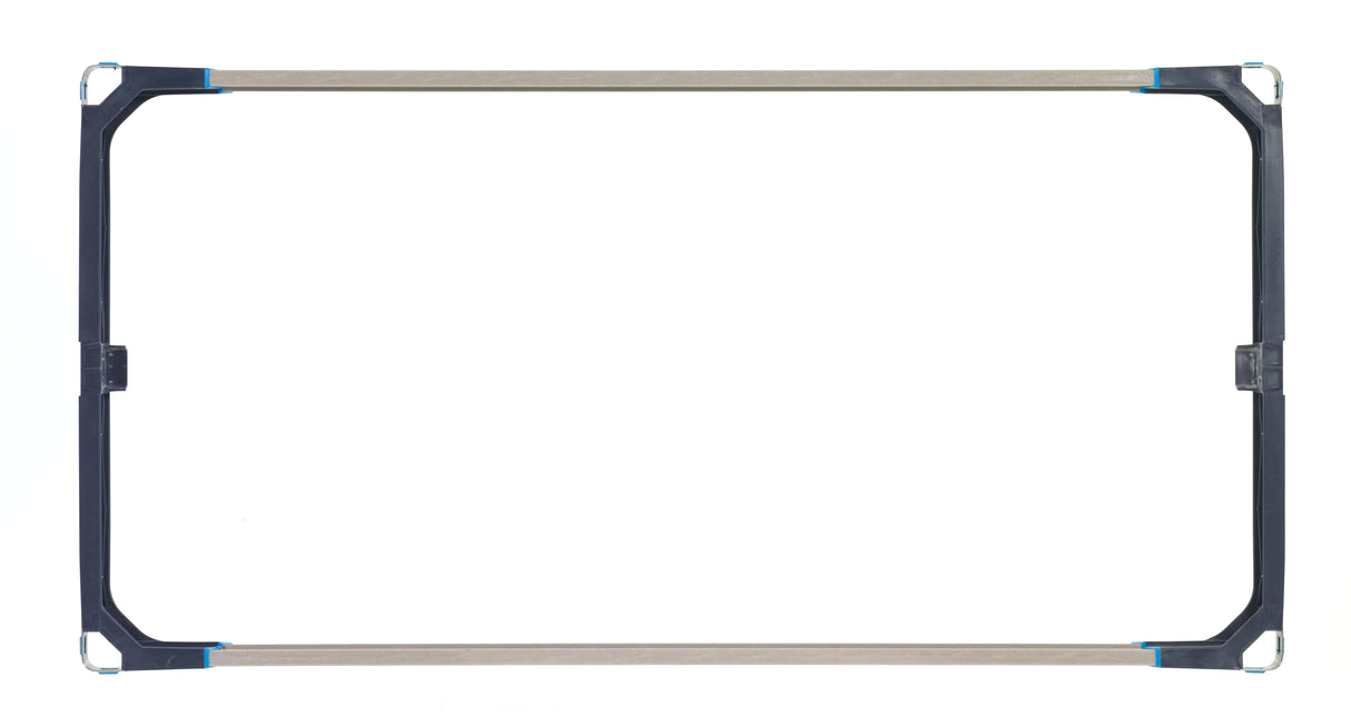 A rectangular black and metallic MetroMax i Storage Level Frame, model Metro M4F2448, with rounded corners and blue accents rests on a white background. The empty frame features small clips on the sides—perfect for Quick Ship storage solutions.
