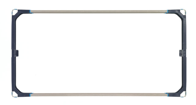 A rectangular black and metallic MetroMax i Storage Level Frame, model Metro M4F2448, with rounded corners and blue accents rests on a white background. The empty frame features small clips on the sides—perfect for Quick Ship storage solutions.