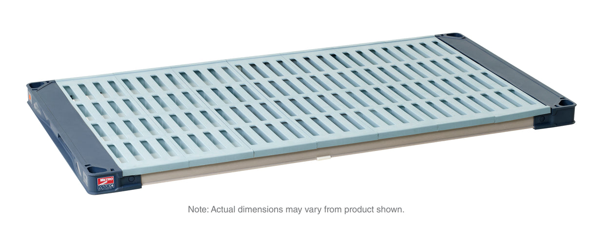 A rectangular MetroMax 4 Shelf plastic slotted platform with a light blue grid surface and dark blue reinforced corners, viewed from a slight angle against a white background. NSF certified and features antimicrobial product protection. Note: Actual dimensions may vary.