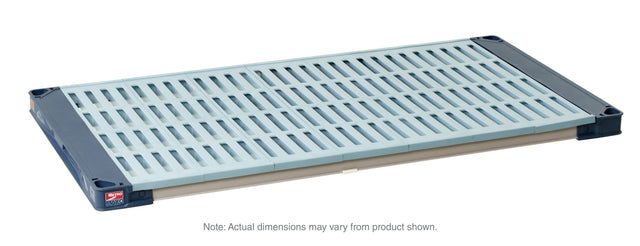 A rectangular MetroMax 4 Shelf plastic slotted platform with a light blue grid surface and dark blue reinforced corners, viewed from a slight angle against a white background. NSF certified and features antimicrobial product protection. Note: Actual dimensions may vary.