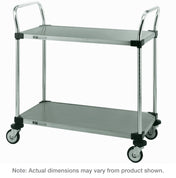 A two-tiered Metro MW105 stainless steel utility cart with four swivel caster wheels and upright handles on both ends. Both shelves are flat and rectangular. Caption: “Note: Actual dimensions may vary from product shown.”.