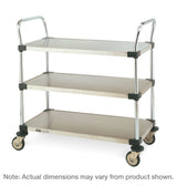 A three-tier stainless steel utility cart, model MW206, features two long handles, four swivel caster wheels, and three flat rectangular shelves. The frame is silver with black corner supports. Note: Actual dimensions may vary from product shown.