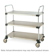 The MW208 stainless steel utility cart features three flat shelves, two handles, and four swivel caster wheels. Its silver frame is accented with black corner supports. Note: Actual dimensions may vary from product shown.