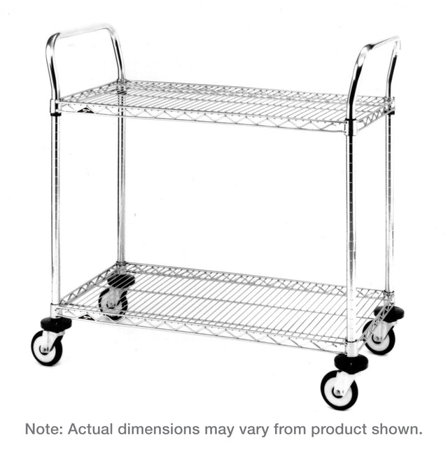 A two-tier stainless steel utility cart with wire shelves and a chrome frame, featuring four swivel caster wheels and two curved handles. The cart is empty. Text below reads: Note: Actual dimensions may vary from product shown.